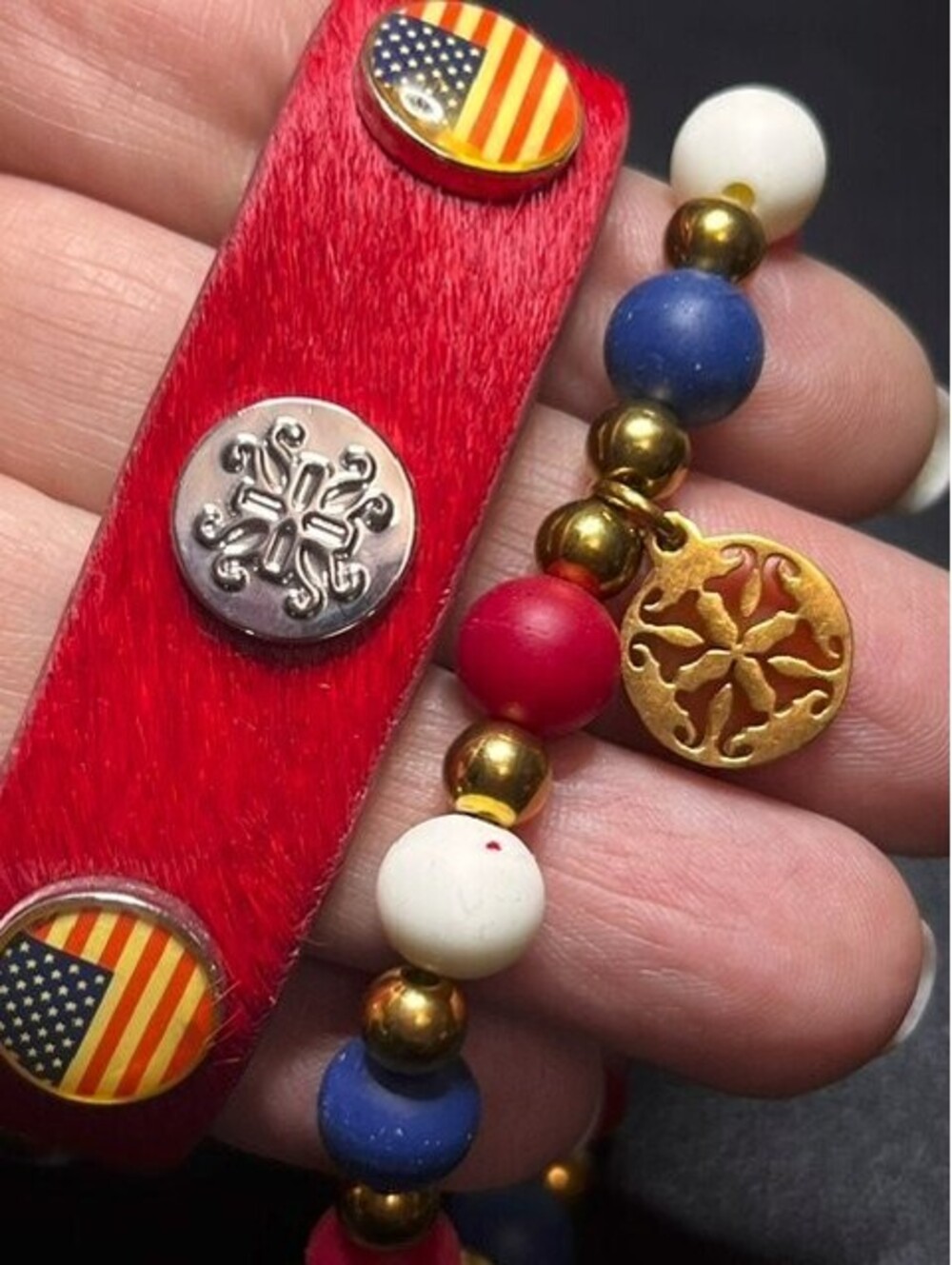 B6628 Rustic Cuff Red White Blue Beaded & Hair-on Leather Cuff Bracelet Set Flag